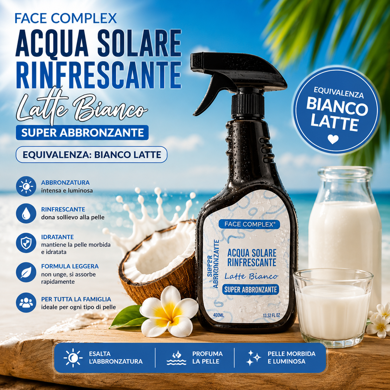 Face Complex Acqua Solare Rinfrescante Latte Bianco Super Abbronzante – Equivalenza Bianco Latte 400ML