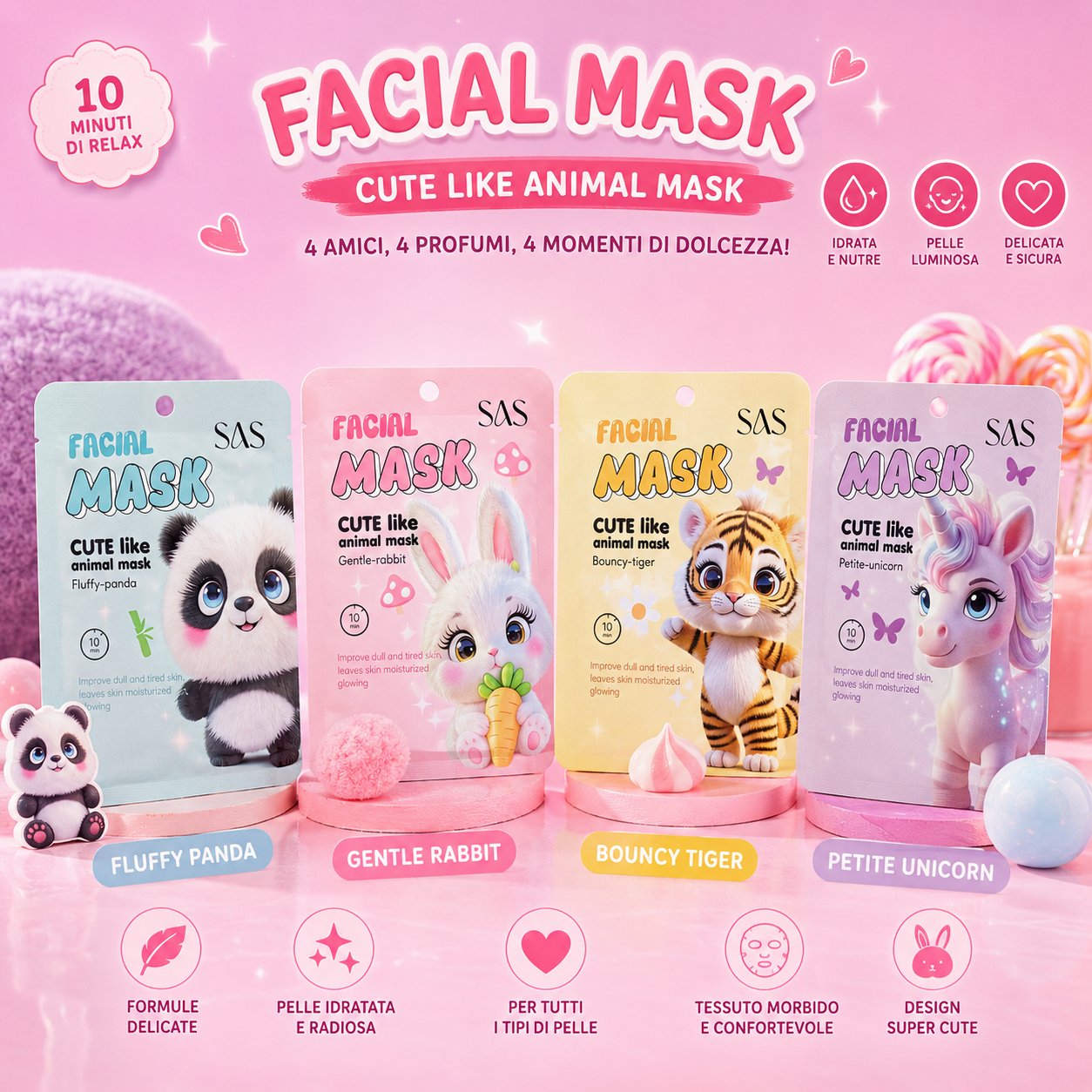 SAS Facial Mask Cute Like Animal Mask 25ml – Maschera Viso Tessuto