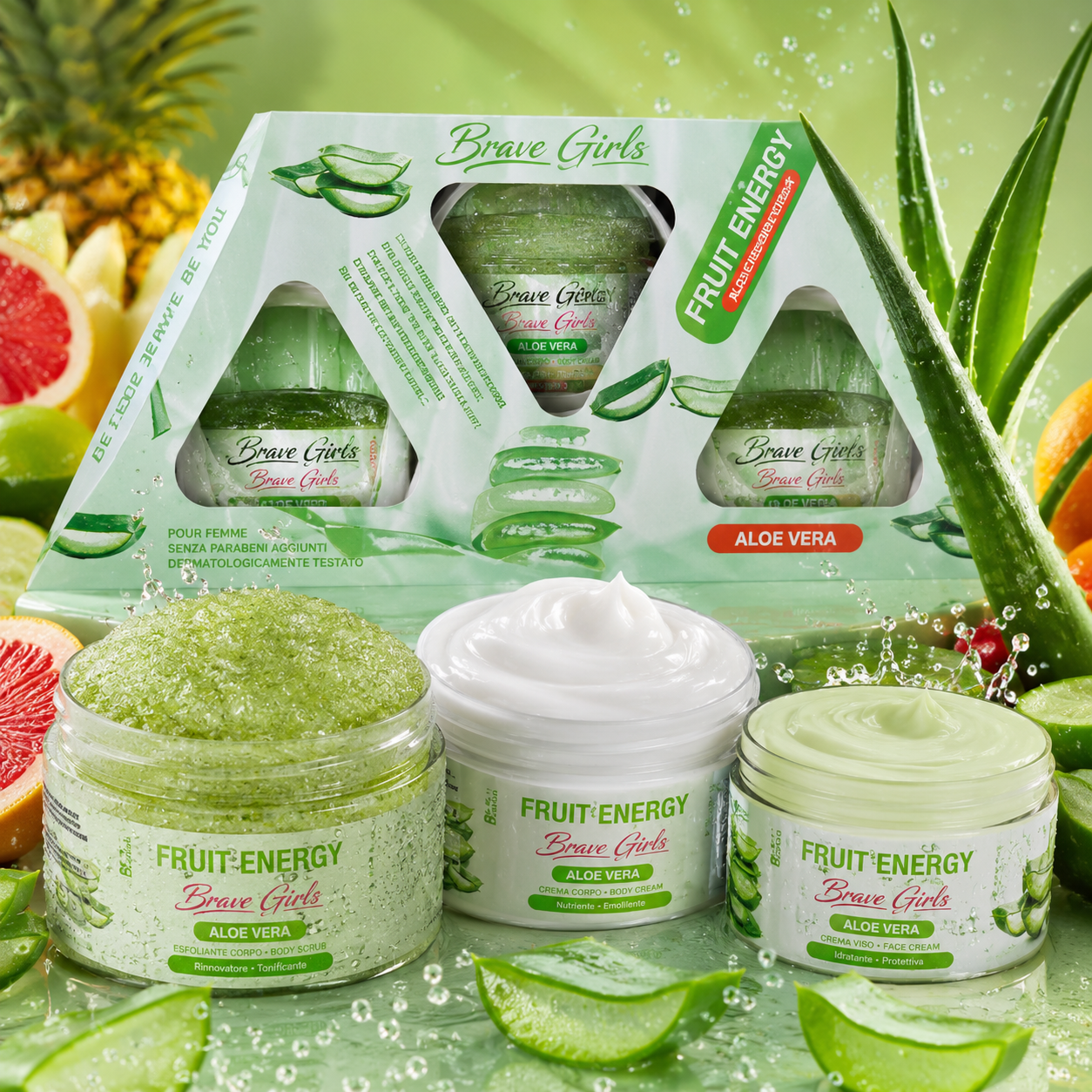 Brave Girls Fruit Energy Aloe Vera Kit Corpo Esfoliante e Idratante | scrub corpo + crema corpo + crema viso