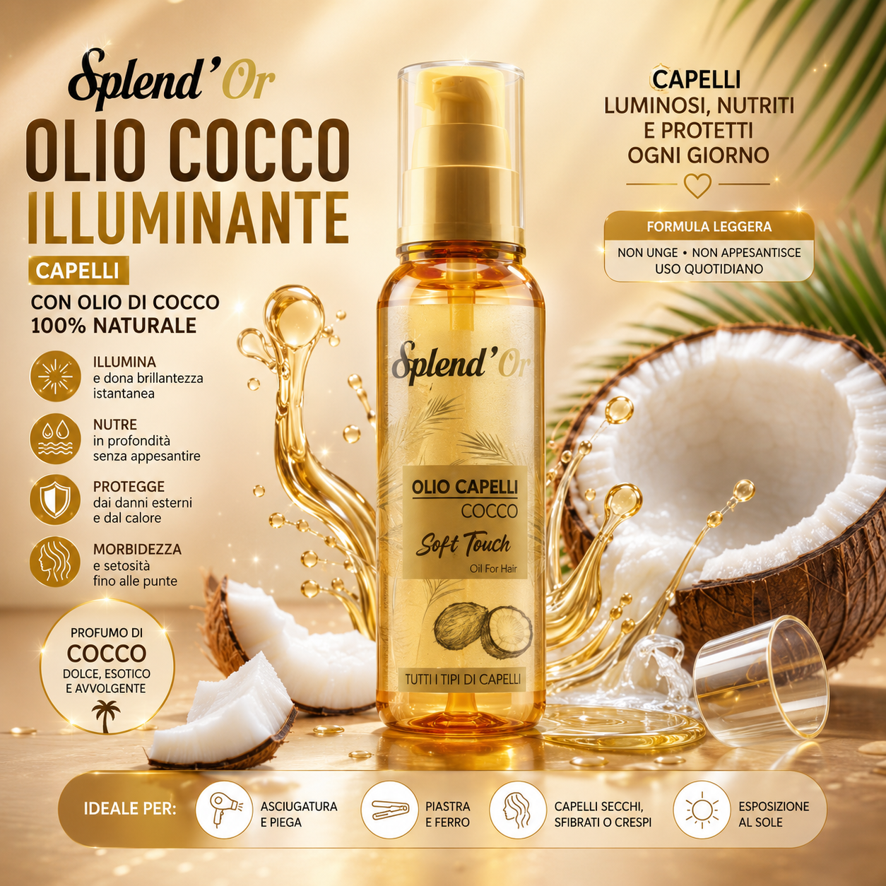 . Splend’Or Olio di Cocco Illuminante Olio Capelli Nutriente e Lucidante 100 ml