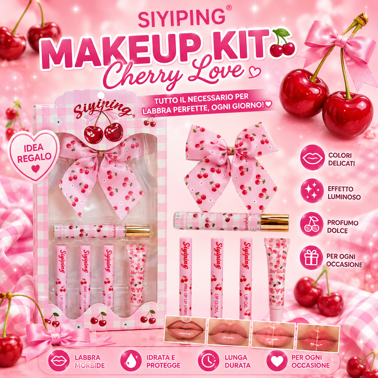 Siyiping Cherry Love – Kit Labbra 4 Pezzi + profumo e fiocco 🎀 alla Ciliegia