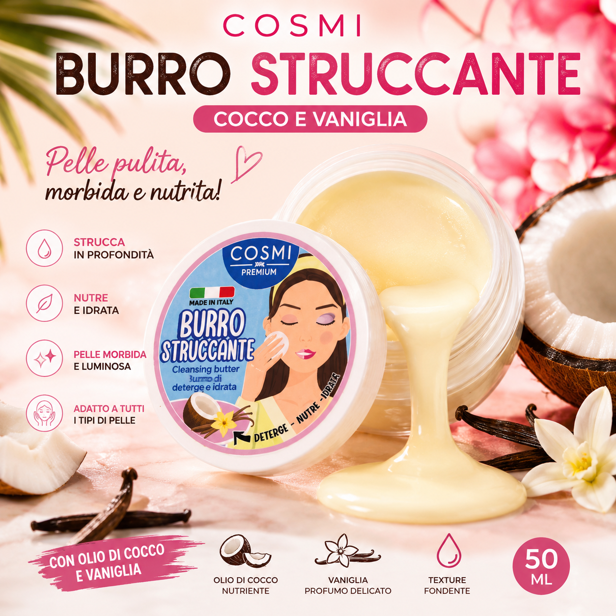 Burro Struccante Cosmi Cocco e Vaniglia Pelle Morbida e Idratata