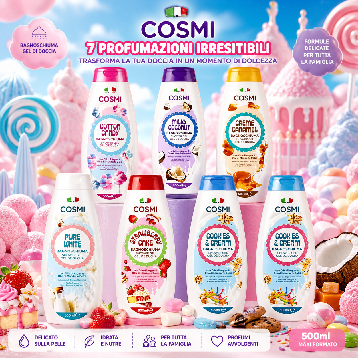Cosmi Bagnoschiuma Profumato 500ml – Fragranze Dolce Candy & Dessert