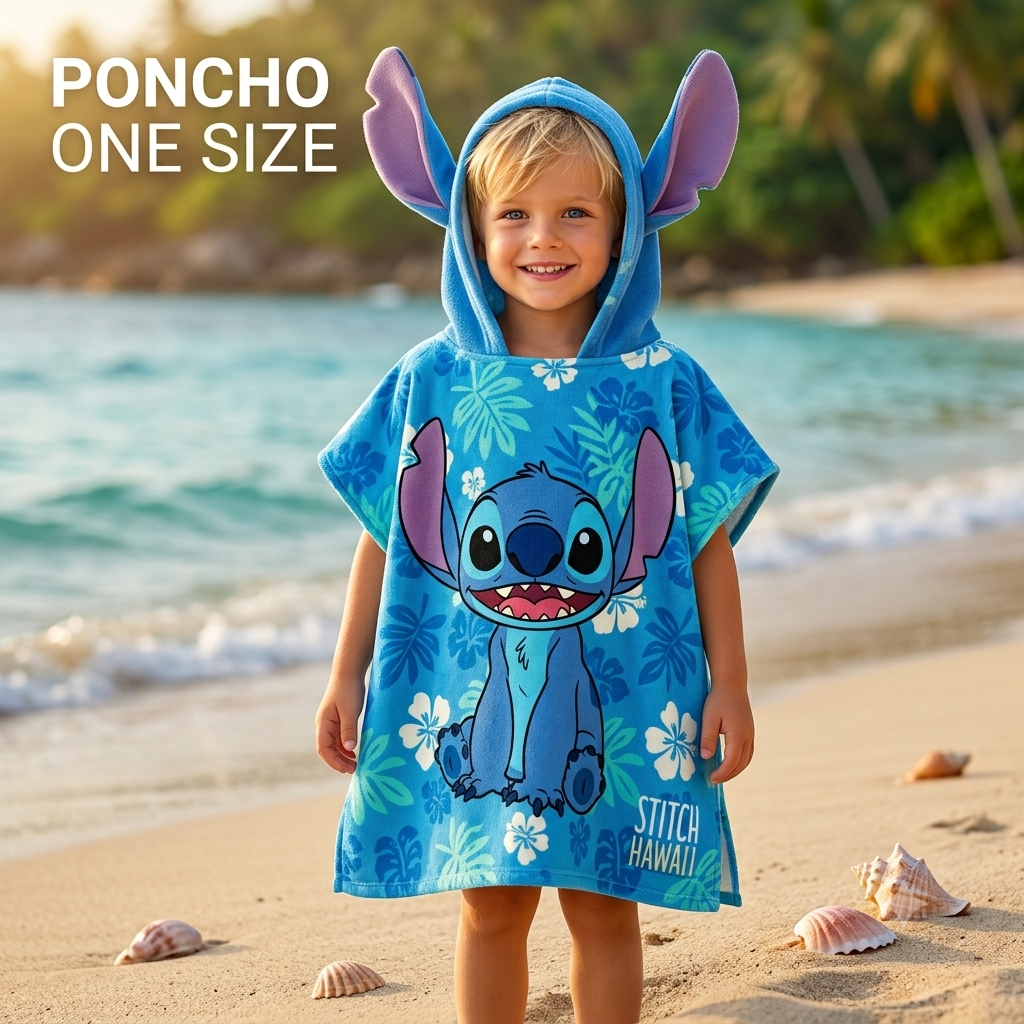 Poncho Telo Mare Bimbo con Cappuccio Stitch– Taglia Unica (Microfibra)