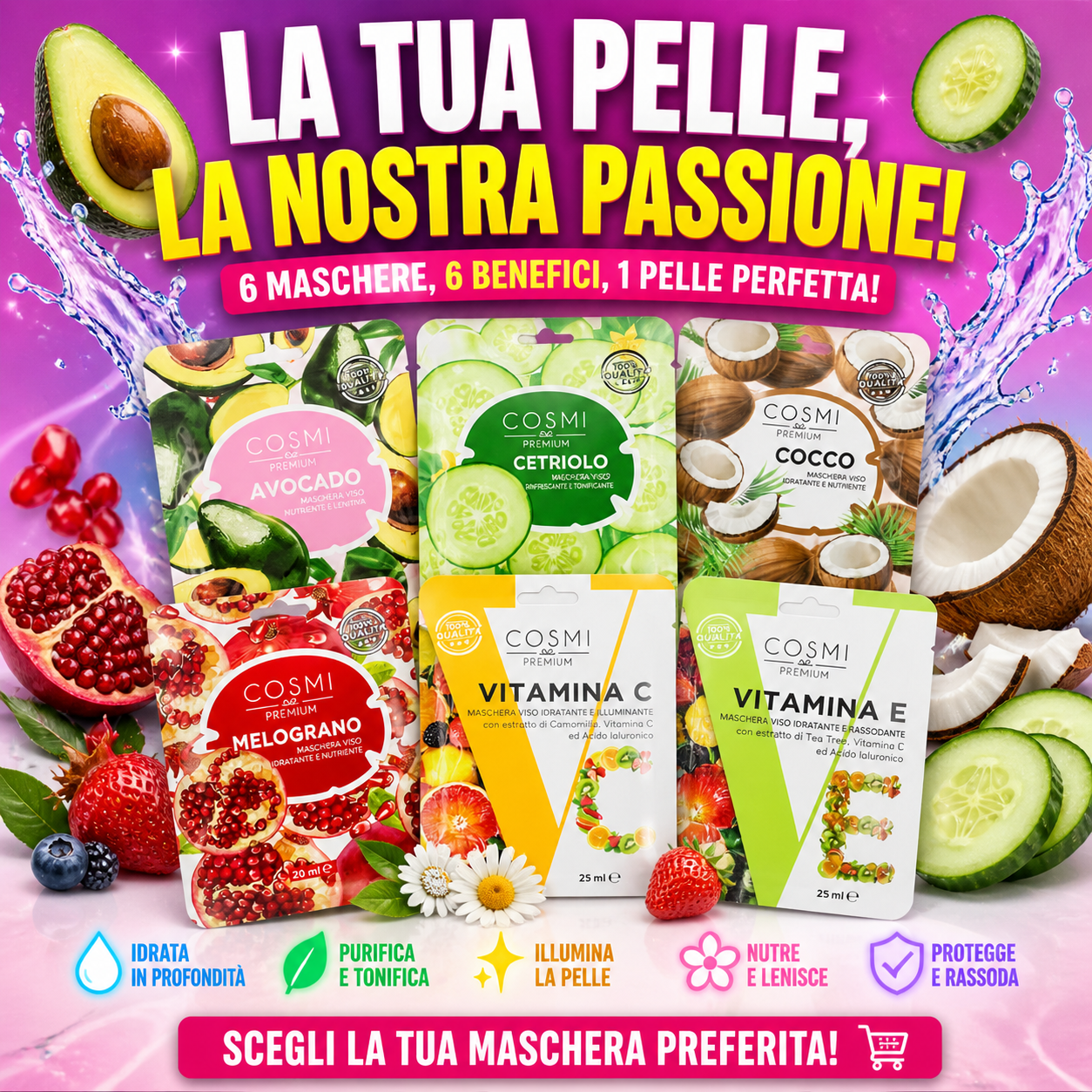 🧖‍♀️ MASCHERE VISO COSMI (avocado, cetriolo, cocco, melograno, vit C, vit E)