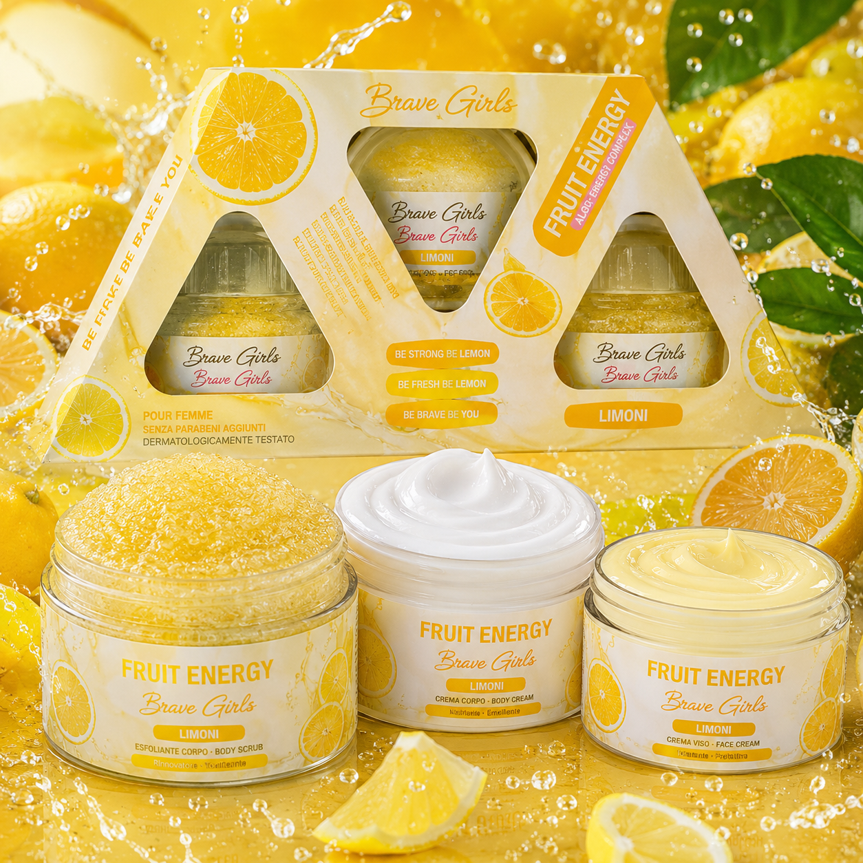 Brave Girls Fruit Energy Limone e vitamin c   Kit Corpo Esfoliante e Idratante | Scrub corpo + Crema corpo + crema viso