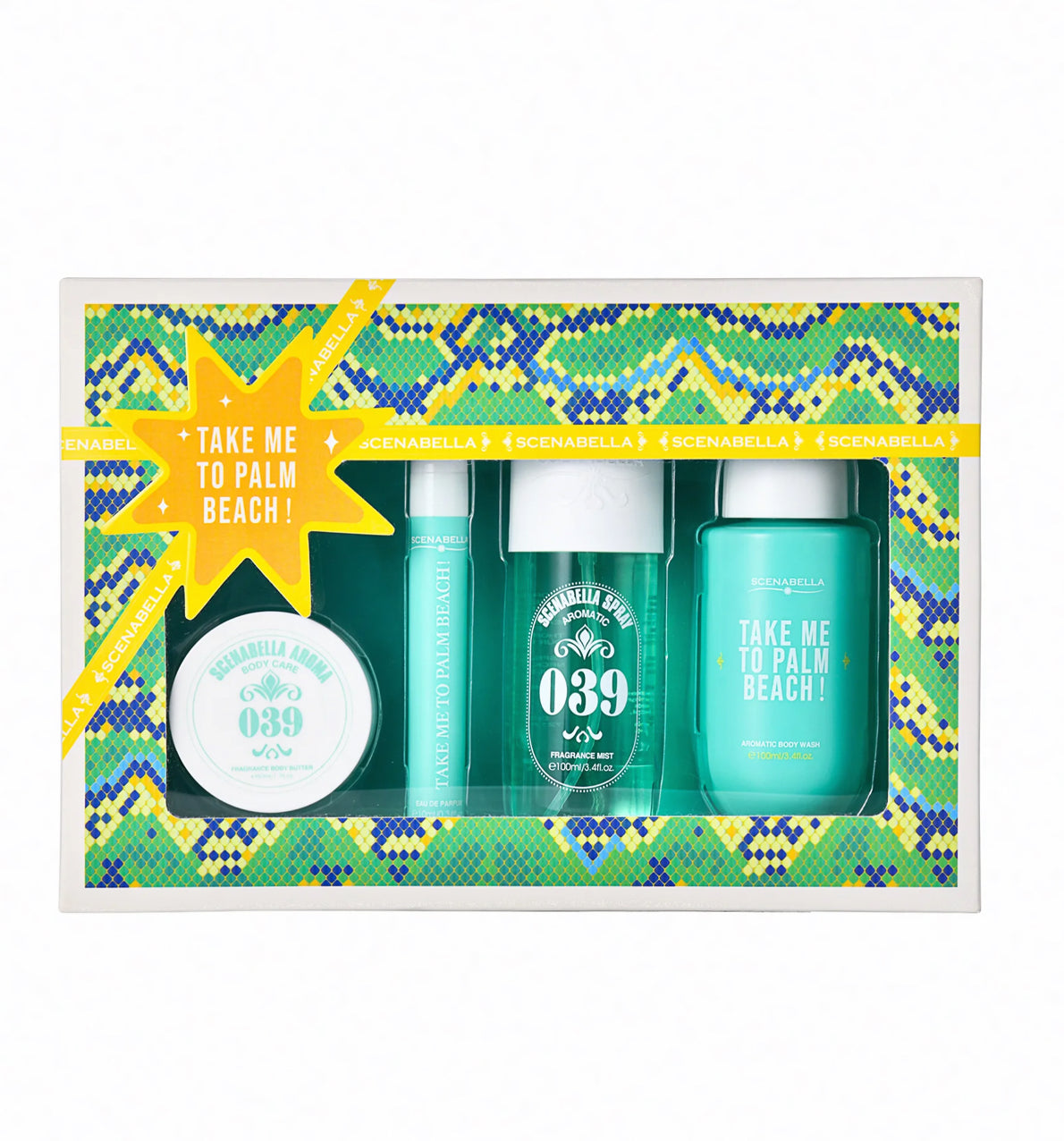 039 Take Me To Palm Beach – Cofanetto Corpo 4 Pezzi: Burro Corpo 50 ml + Profumo 10 ml + Body Mist 100 ml + Bagnoschiuma 100 ml