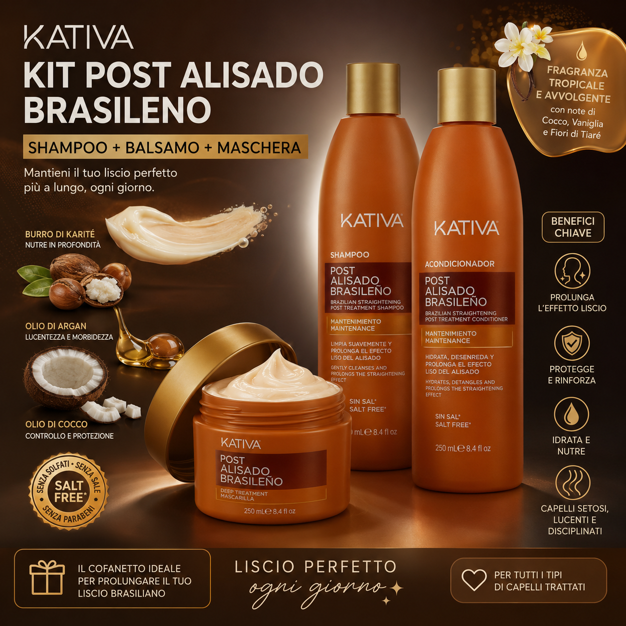Katia Brasiliano Trattamento Capelli Liscianti Nutriente Professionale 3 pezzi