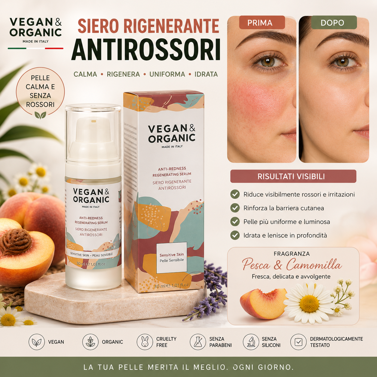 Vegan & Organic Siero Rigenerante Antirossori 30ml – Siero Viso Lenitivo Pelle Sensibile