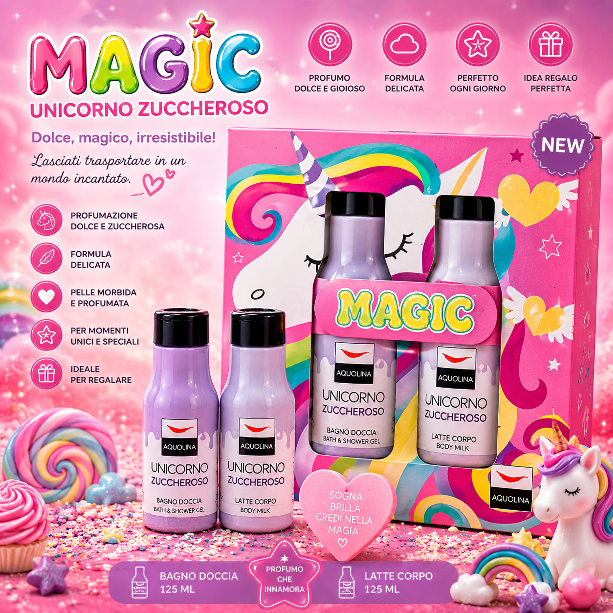 Magic Aquolina Set Unicorno Zuccheroso + Body cream + Shower Gel