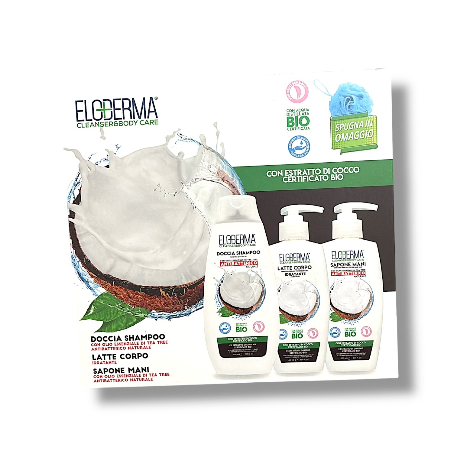 ELODERMA - Cocco box - spugna + bagnoschiuma crema corpo e sapone mani