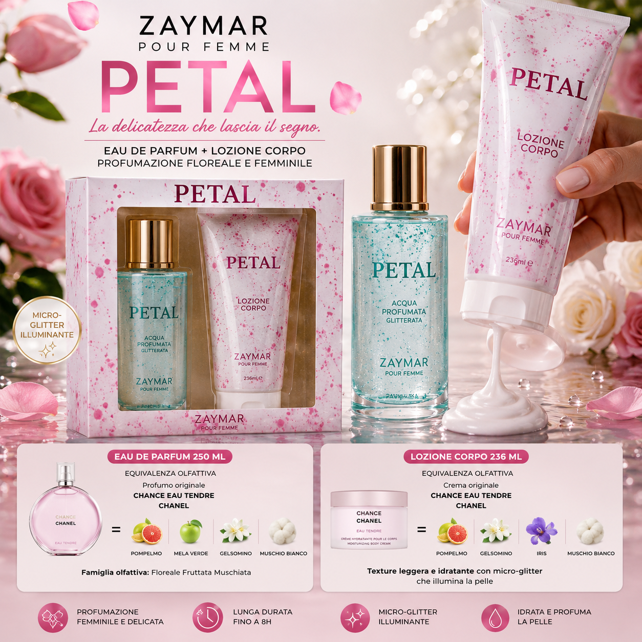Zaymar Petal Donna Acqua Profumata Glitterata 250ml + Lozione Corpo 236ml | Stile Chance Eau Tendre