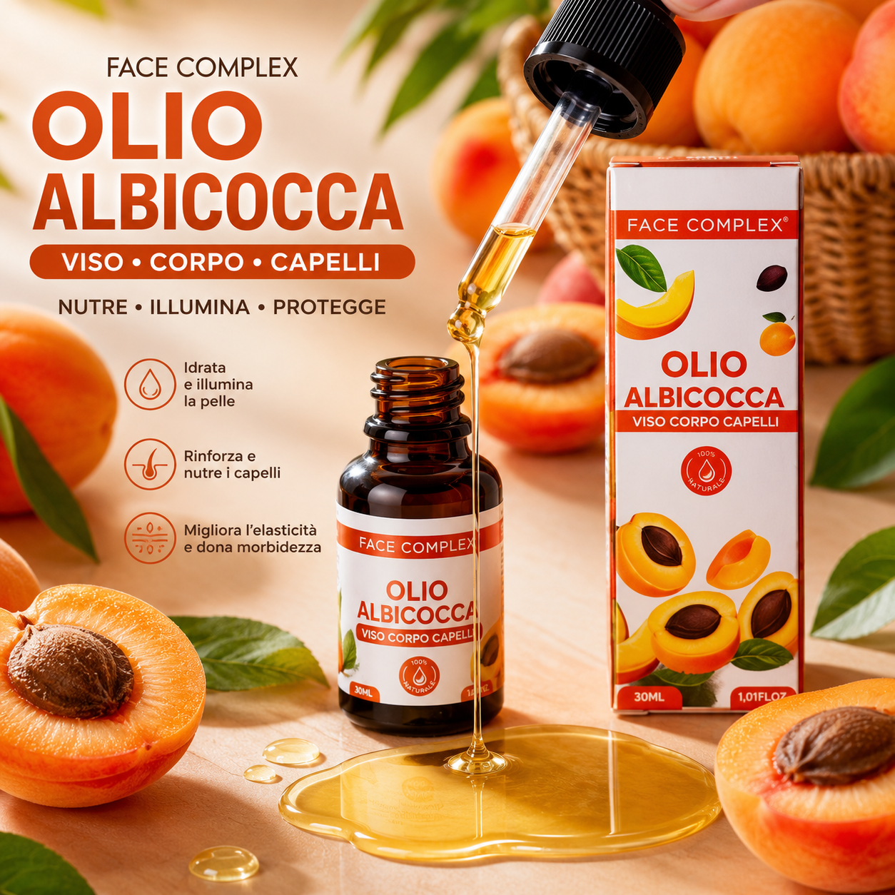 FACE COMPLEX Olio di Albicocca 30 ml Nutriente per Viso Corpo e Capelli