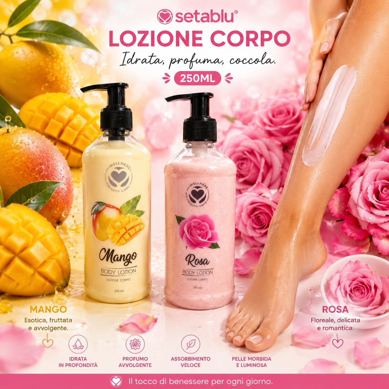 Lozione Corpo Idratante 250ml Setablu – Mango o Rosa | Pelle Morbida e Profumata