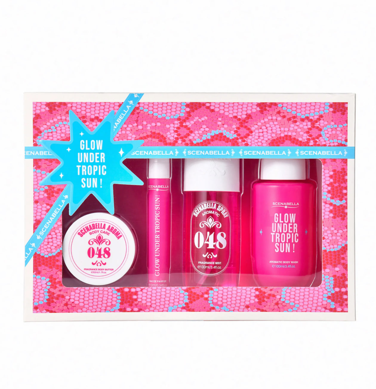 048 Glow Under Tropic Sun – Cofanetto Corpo 4 Pezzi: Burro Corpo 50 ml + Profumo 10 ml + Body Mist 100 ml + Bagnoschiuma 100 ml