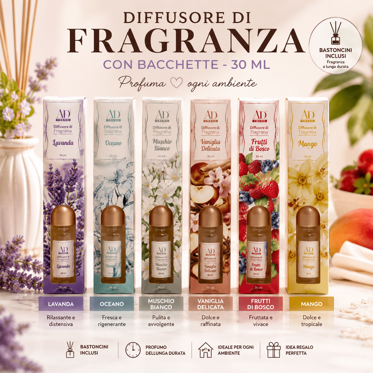 Diffusori Ambiente Profumati con Bacchette 30ml – Fragranze Floreali e Fruttate