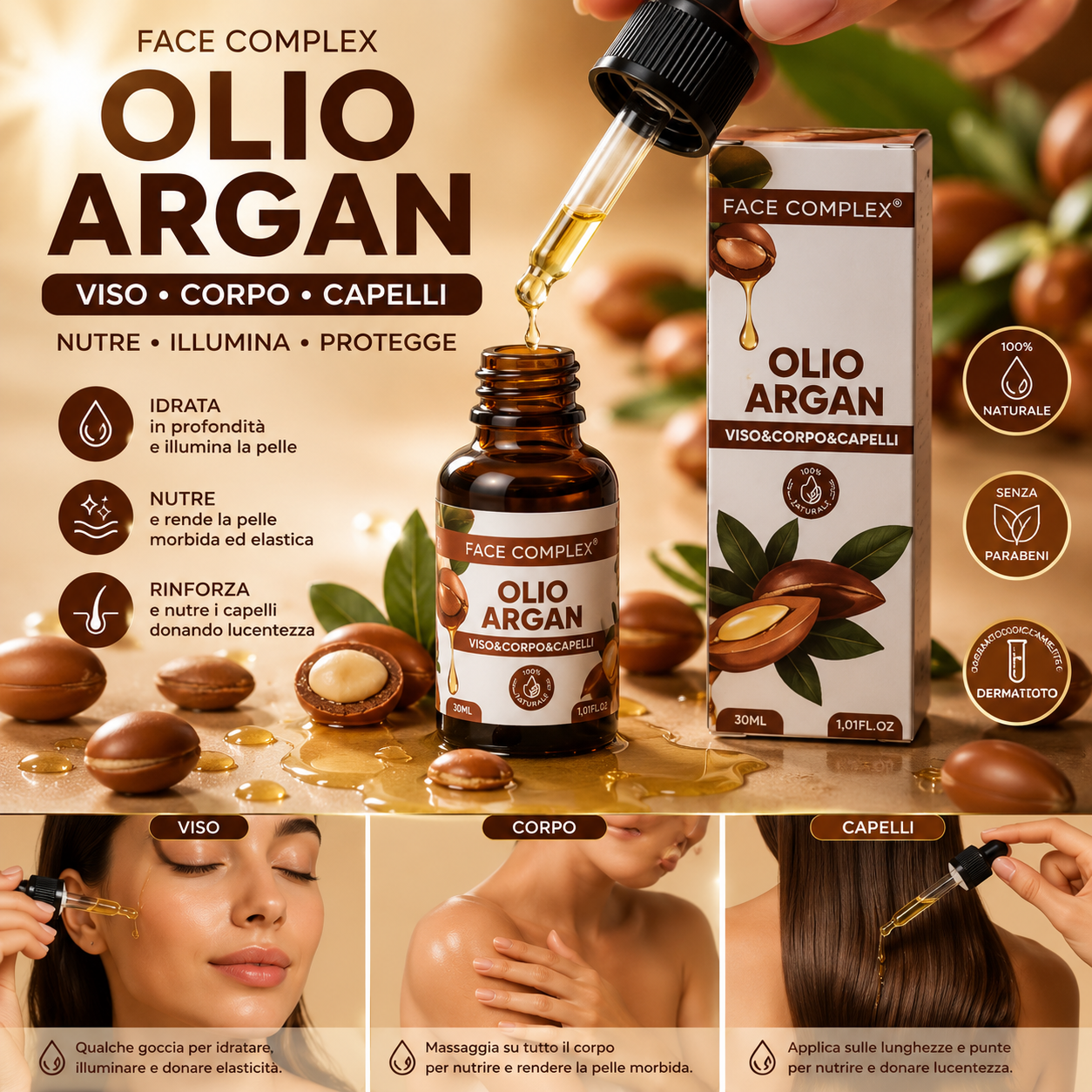 FACE COMPLEX Olio di Argan 30 ml Puro Nutriente per Viso Corpo e Capelli