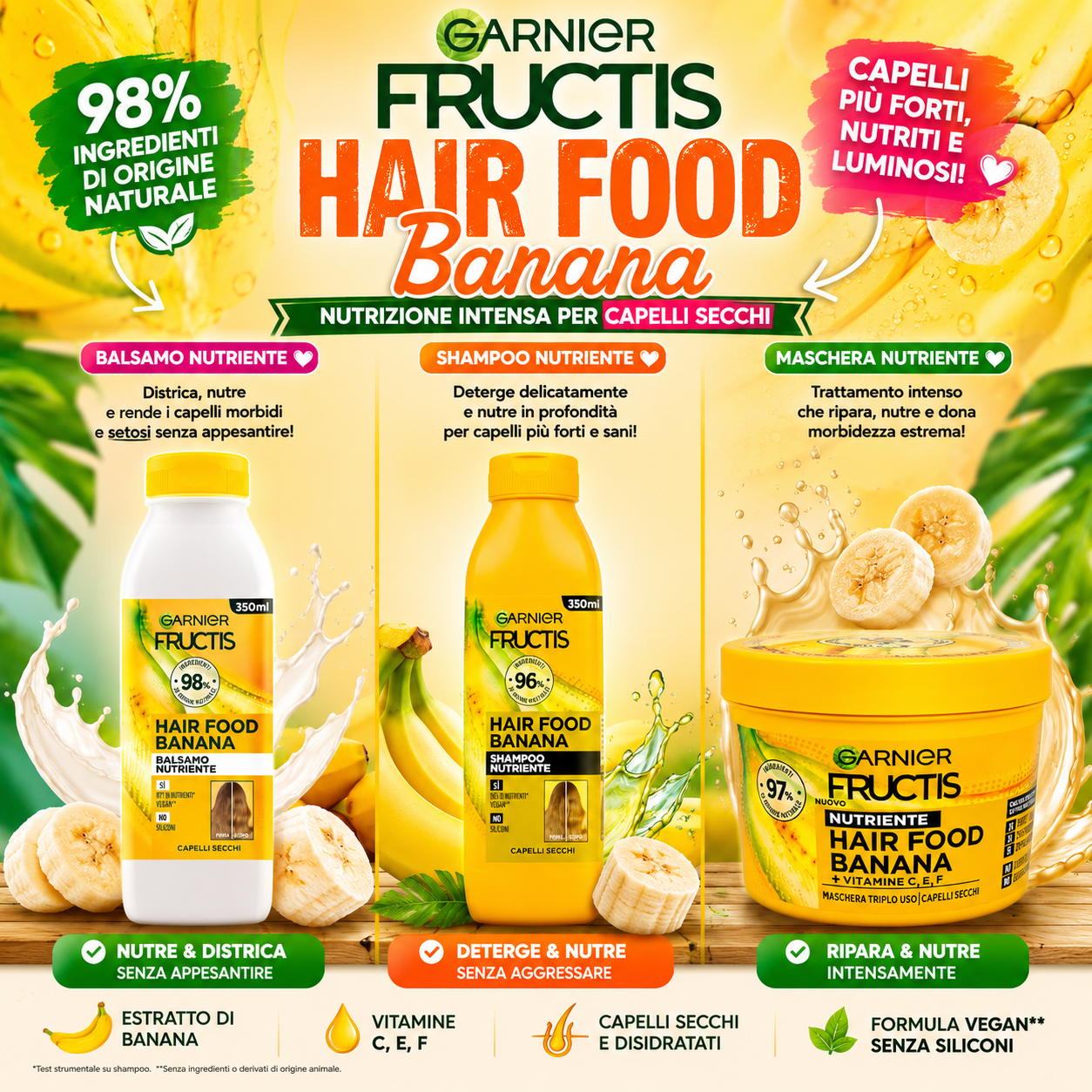 Kit Capelli Secchi Banana – Shampoo + Balsamo + Maschera Garnier Fructis Hair Food