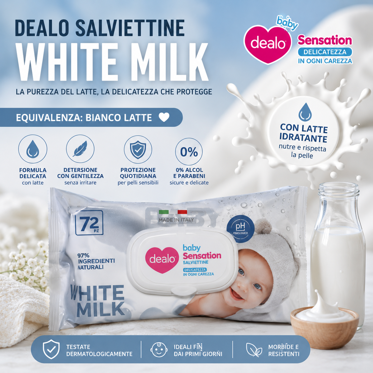 Dealo Salviettine White Milk 72pz – Salviette Delicate Profumo Latte