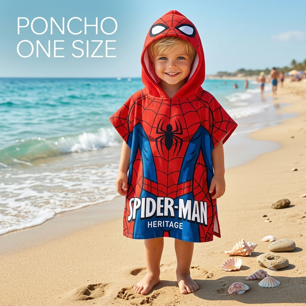 Poncho Telo Mare Bimbo con Cappuccio Spiderman – Taglia Unica (Microfibra)