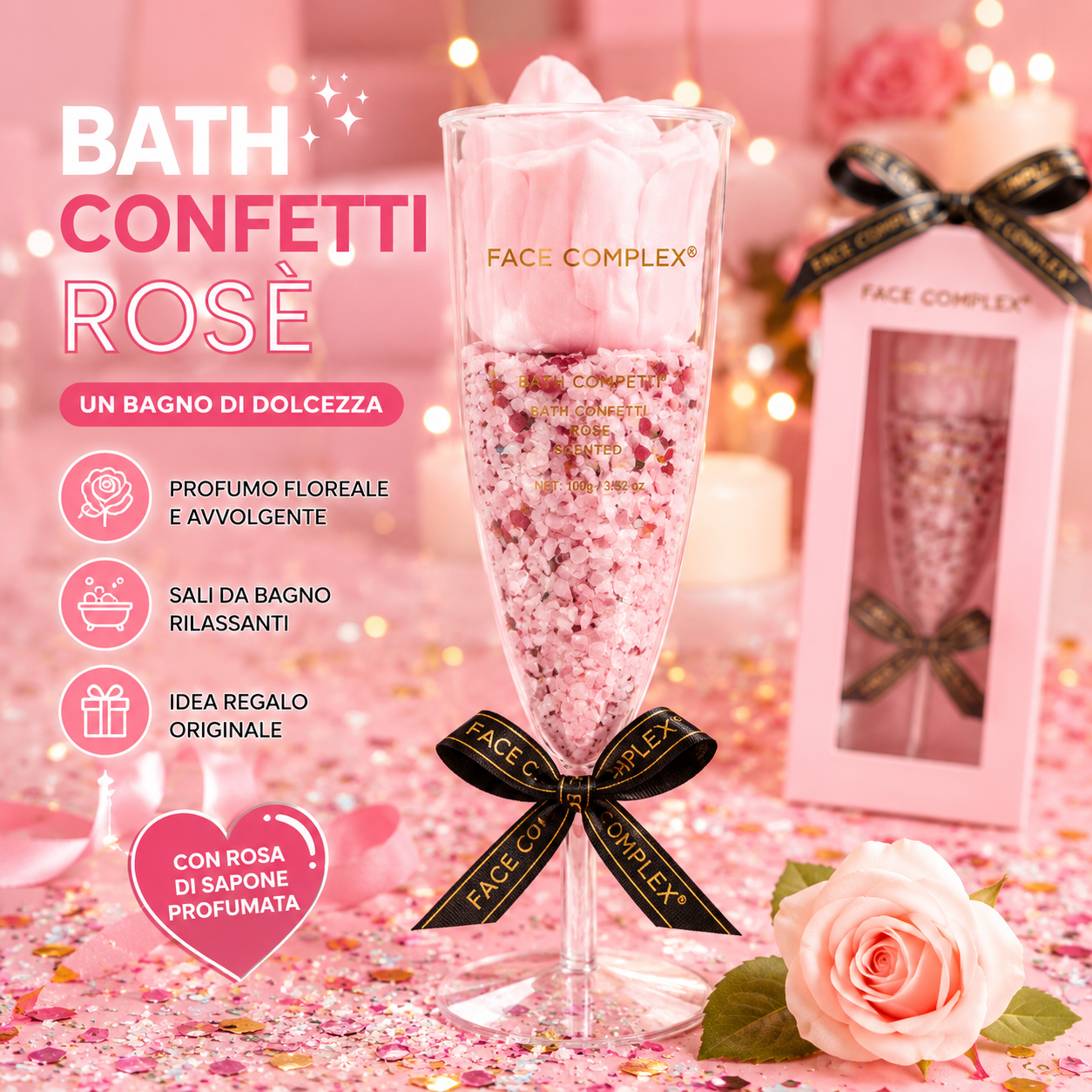 Face Complex Bath Confetti Rosé – Sali da Bagno Effervescenti Profumati con Rosa