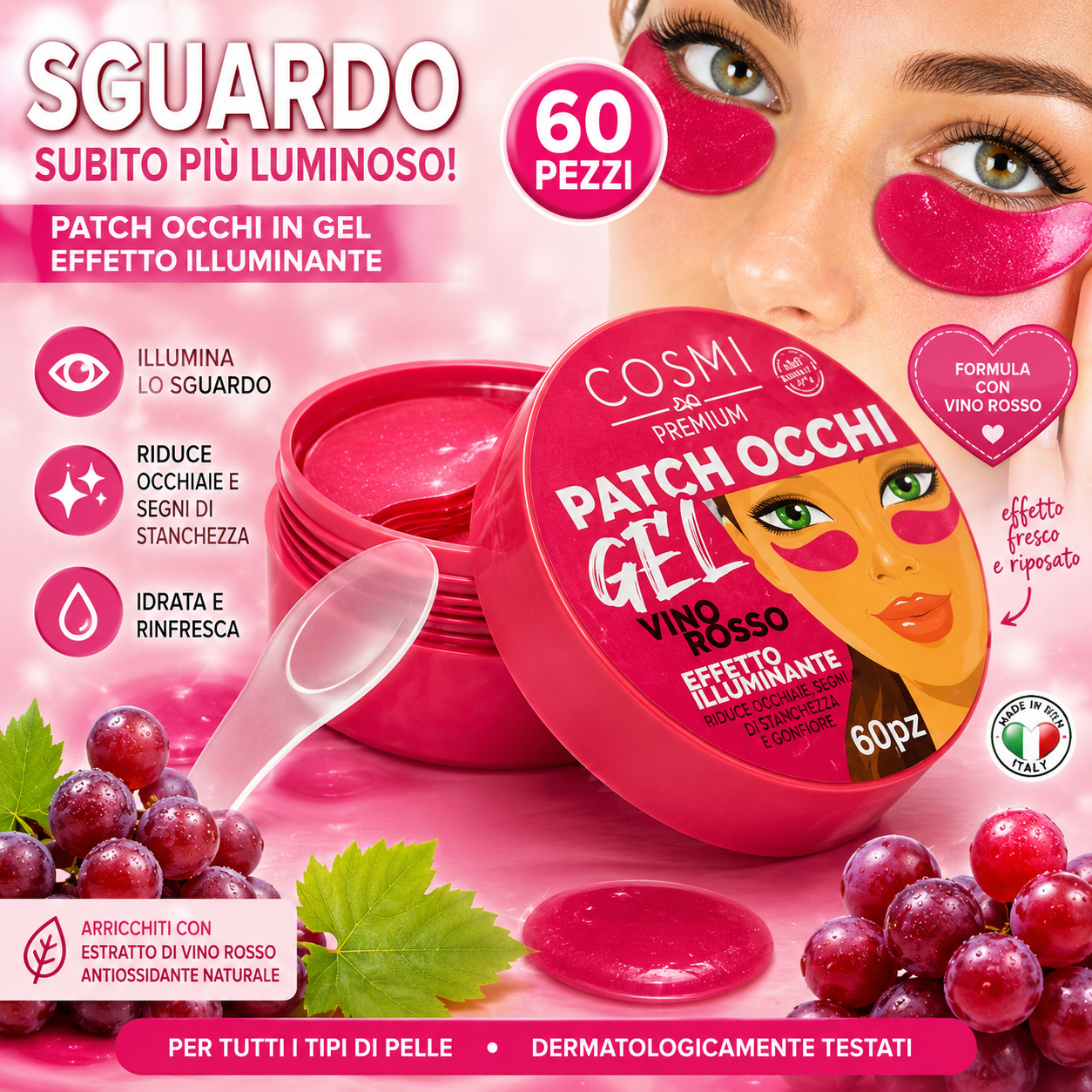 COSMI Premium Patch Occhi Gel Vino Rosso 60 Pezzi – Effetto Illuminante e Anti Occhiaie