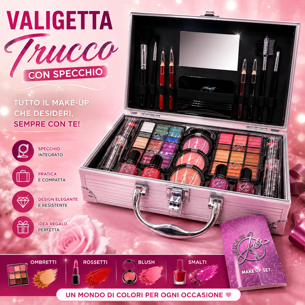 Le Fate di Jo Valigetta Trucco Completa con Specchio – Kit Make Up Professionale Multicolore