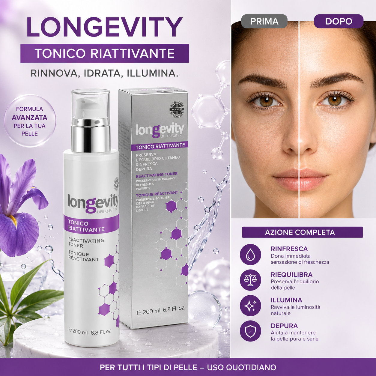 Longevity Tonico Riattivante 200ml – Tonico Viso Idratante Illuminante