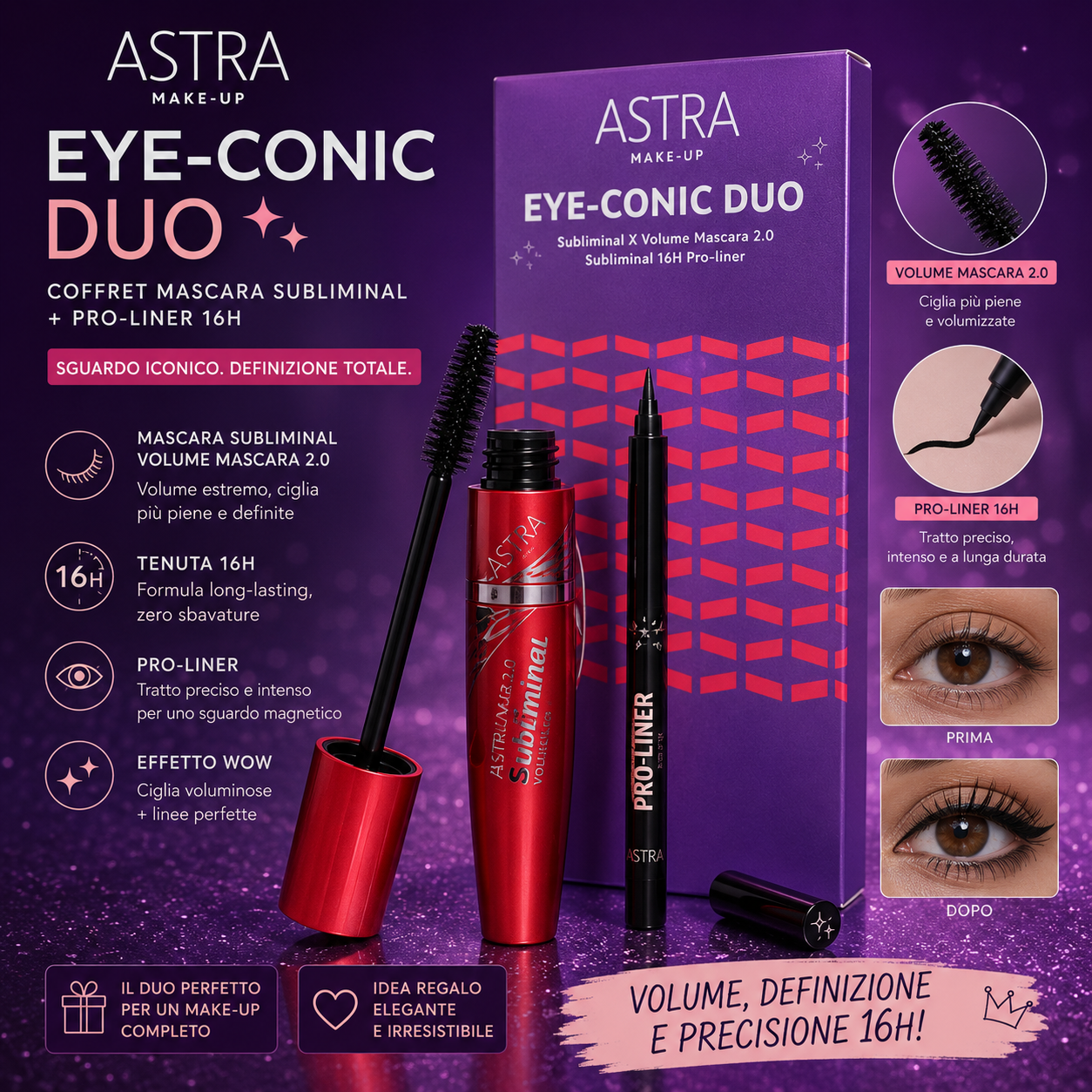 Astra Eye-conic Duo Mascara + Eyeliner Occhi Make Up Nero 2 Pezzi