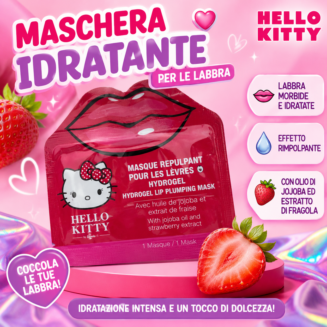 Hello Kitty Maschera Idratante Labbra Fragola 1 Maschera Fragranza Fragola