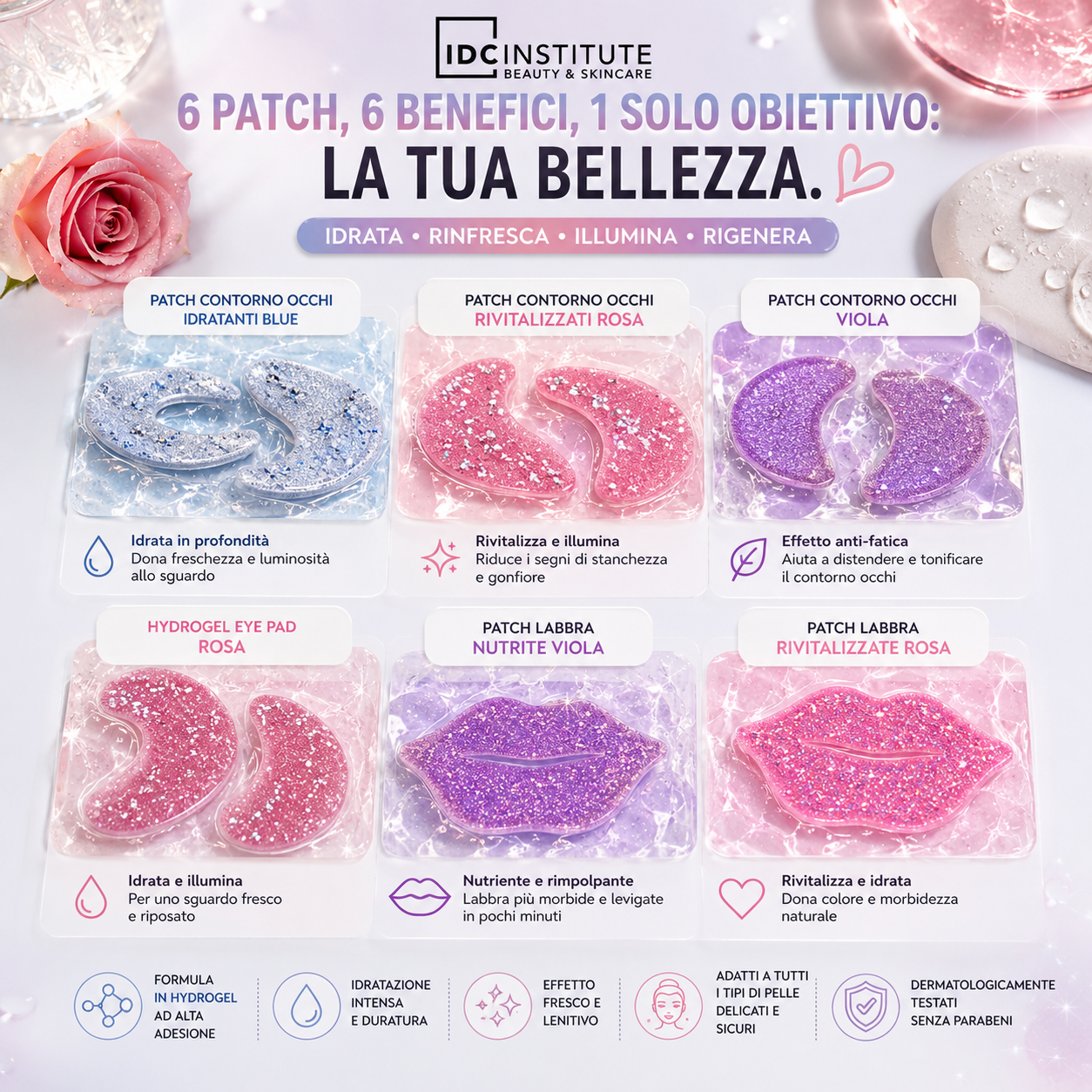Patch Hydrogel Contorno Occhi e Labbra IDC Institute – Idratanti, Rivitalizzanti e Nutrienti