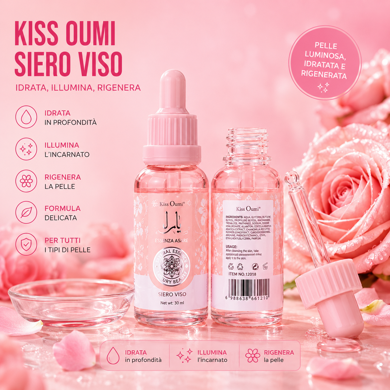 Kiss Oumi Siero Viso 30ml – Siero Idratante Glow Rosa e Delicato Yara