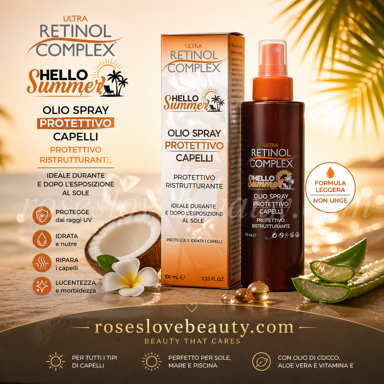 👉 Retinol Complex Olio Spray Protettivo Capelli Doposole Ristrutturante 100ml | roseslovebeauty.com