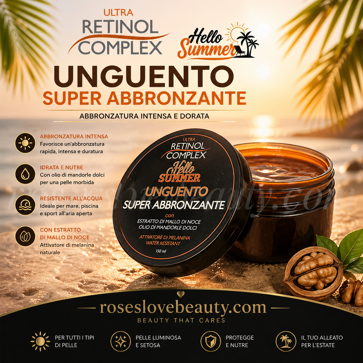Retinol Complex Unguento Super Abbronzante 150ml Intensivo con Mallo di Noce | roseslovebeauty.com