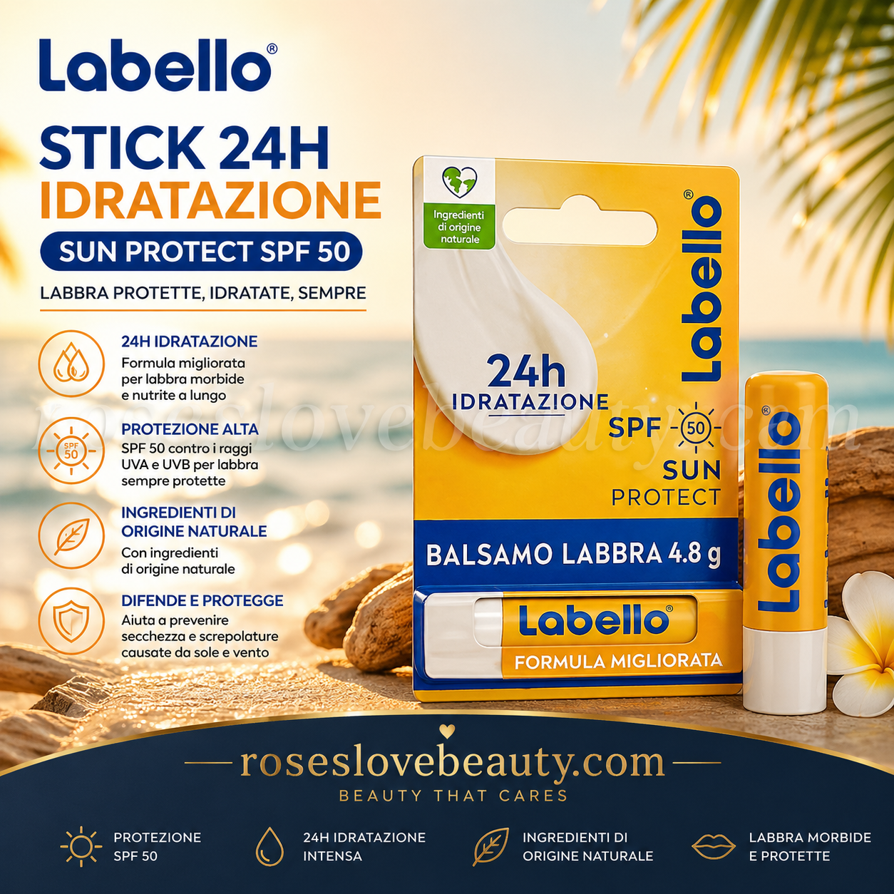 👉 Labello Stick Labbra SPF 50 24h Idratazione Protezione Solare | roseslovebeauty.com