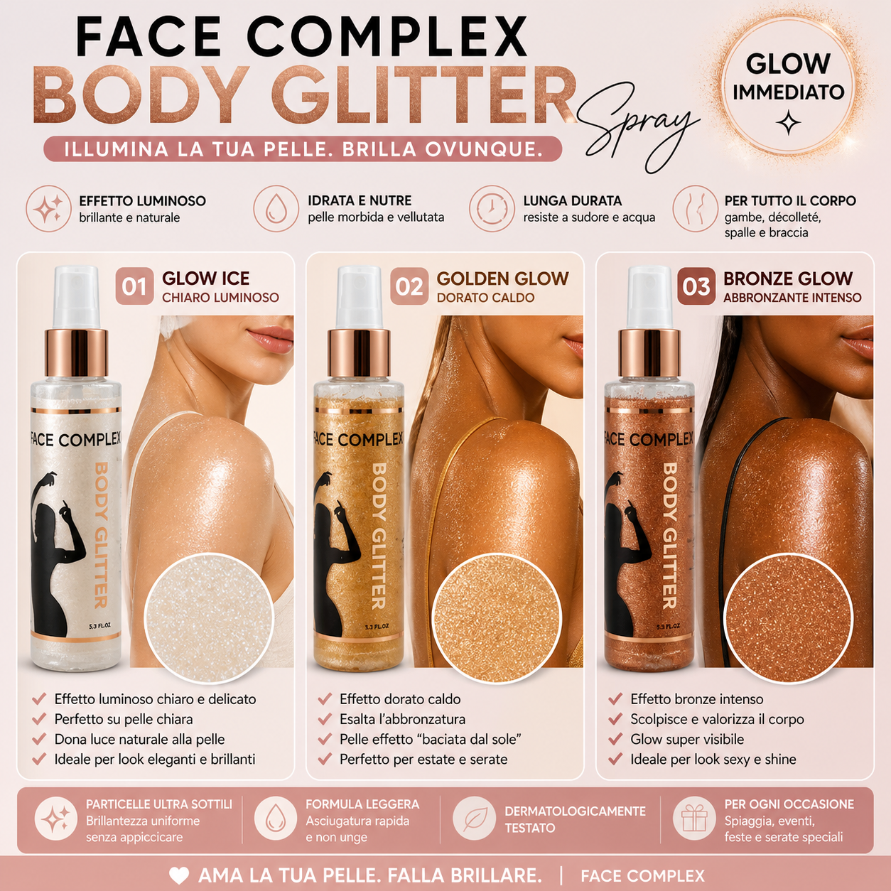Face Complex Body Glitter Spray 150ml – Effetto Glow Immediato Corpo Luminoso e Brillante