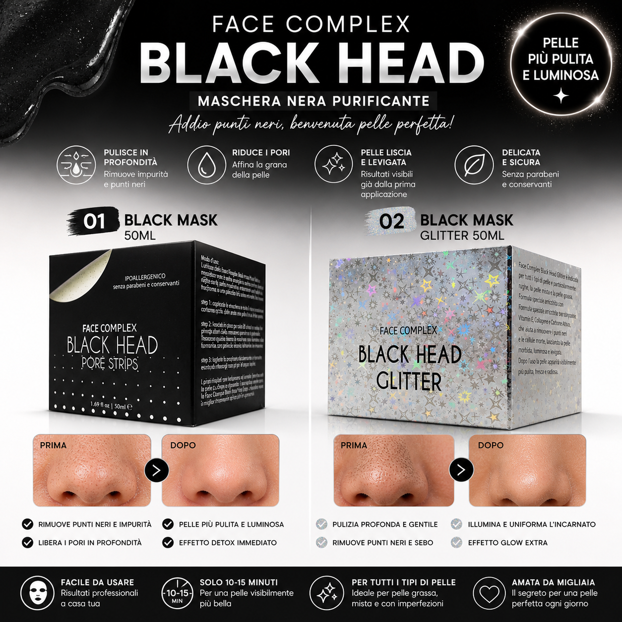 Face Complex Black Head Mask 50ml – Maschera Nera Purificante Rimuove Punti Neri Effetto Detox