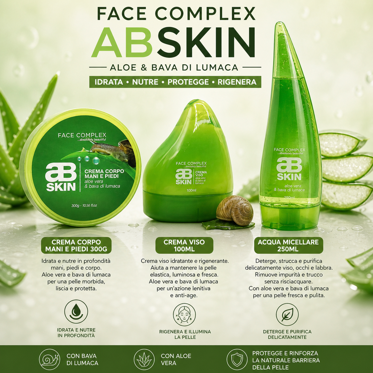 Face Complex AB Skin Aloe Vera & Bava di Lumaca – Crema Corpo, Viso e Acqua Micellare Idratante e Rigenerante