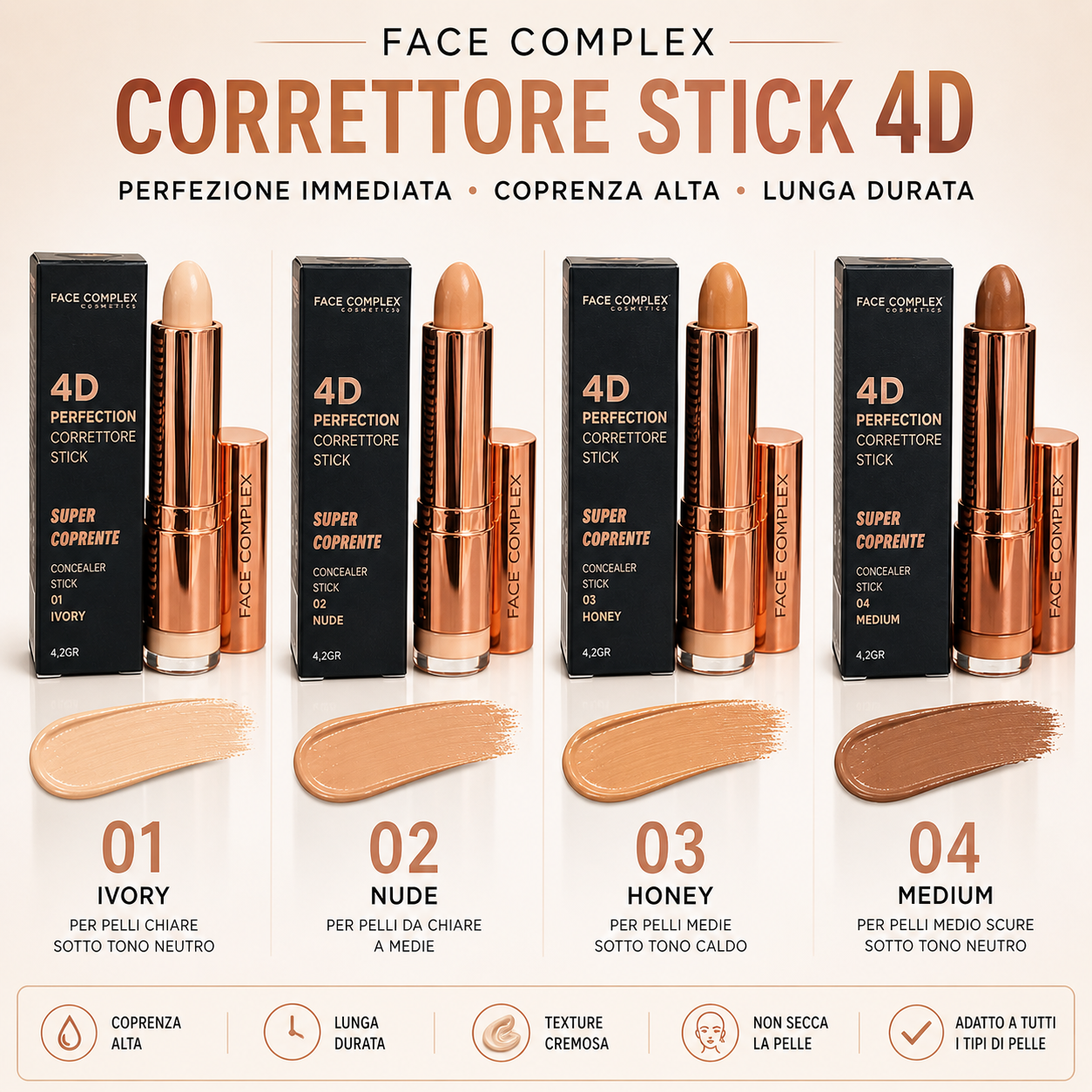 Face Complex Correttore Stick 4D Alta Coprenza – 4 Tonalità (Ivory, Nude, Honey, Medium)
