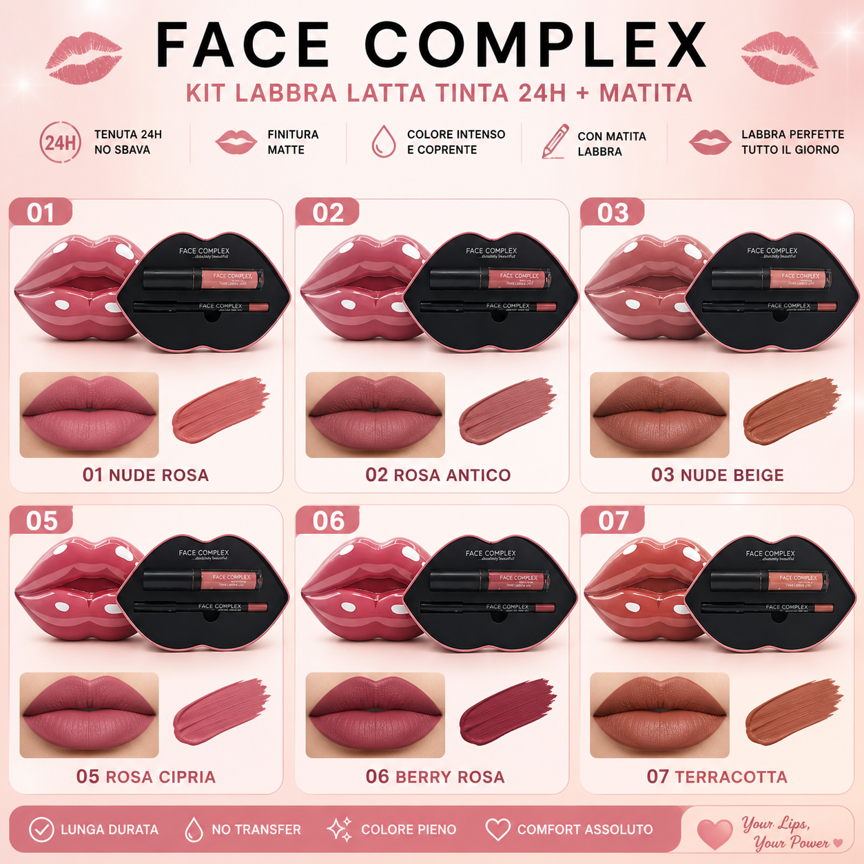Face Complex Kit Labbra Latte Tinta 24H + Matita – Effetto Matte No Transfer Lunga Durata