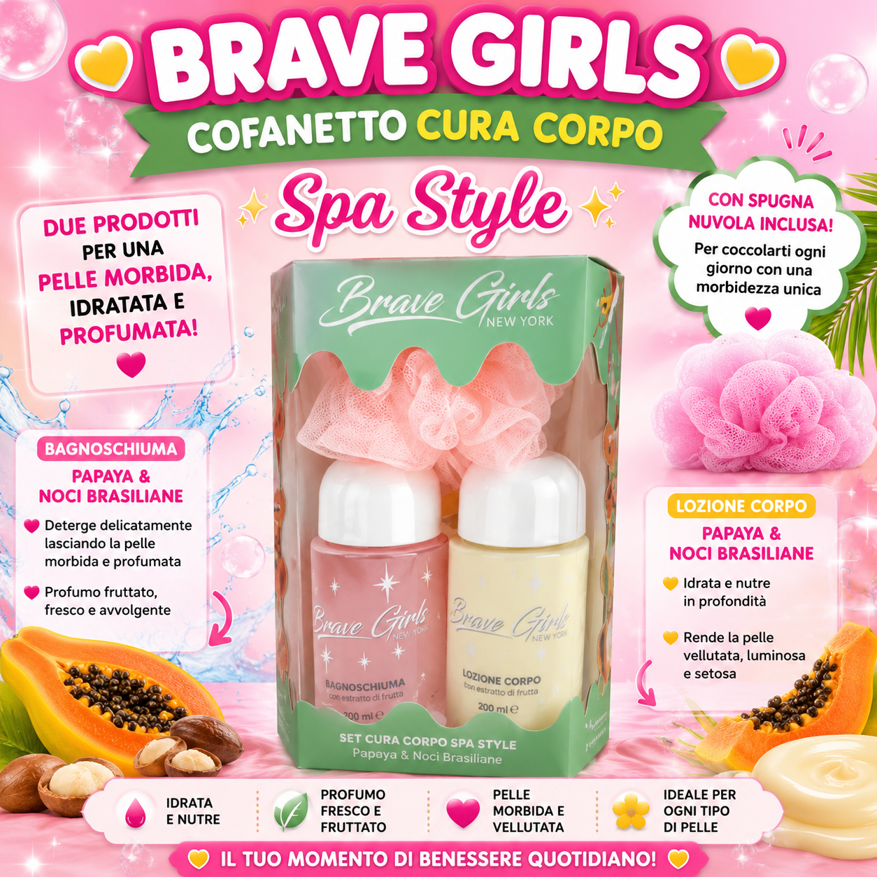 BRAVE GIRLS spa cura corpo bagnoschiuma spugna + lozione corpo papaya & noci brasiliane