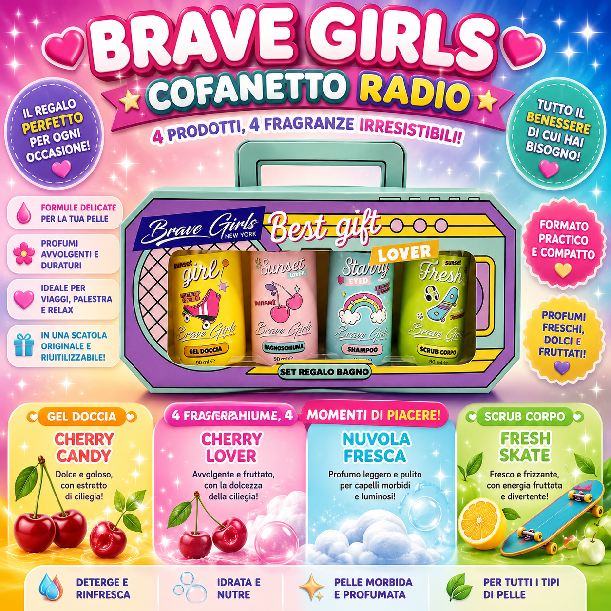 BRAVE GIRLS SET RADIO SHAMPOO BAGNOSCHIUMA CREMA CORPO E SCRUB CORPO