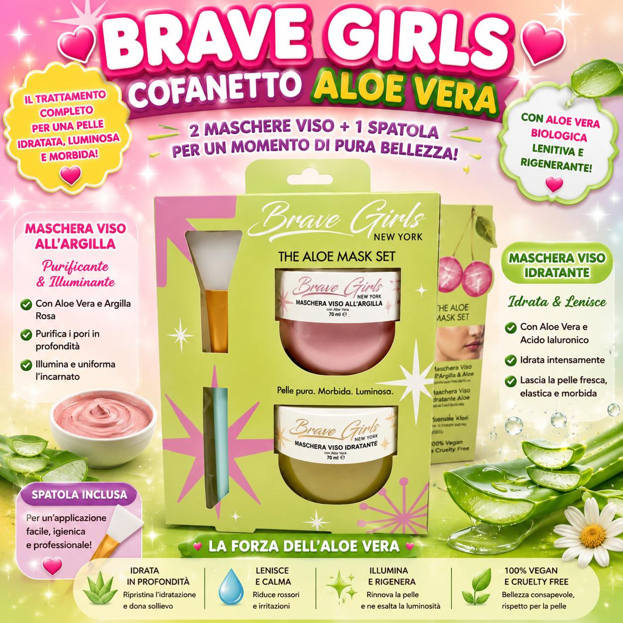 BRAVE GIRLS MASCHERE VISO ALOE VERA E ARGILLA ROSA + PENNELLO