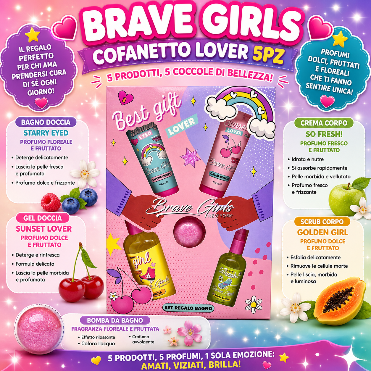 BRAVE GIRLS SET 5pz bagno doccia+gel doccia+bomba da bagno+crema corpo+scrub corpo