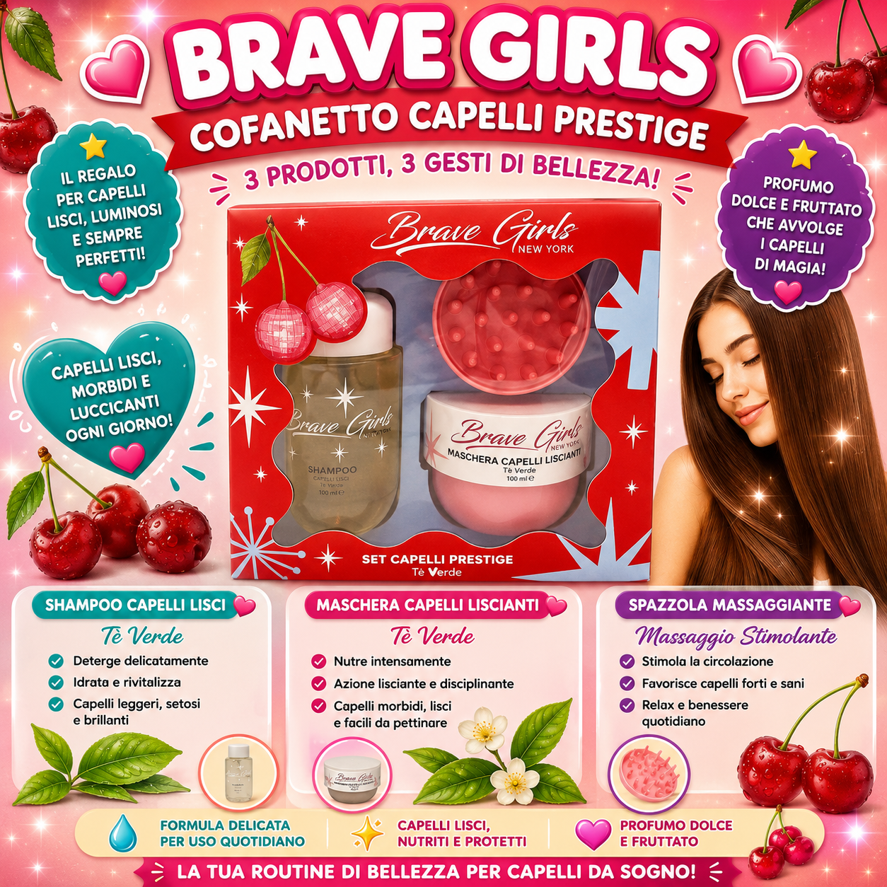 BRAVE GIRLS 3pz spazzola massaggiante cute+ shampoo + maschera capelli