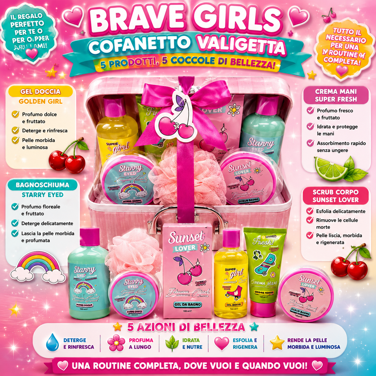 BRAVE GIRLS VALIGETTA con prodotti(gel doccia+spugna+bagnoschiuma+crema mani+scrub  corpo)