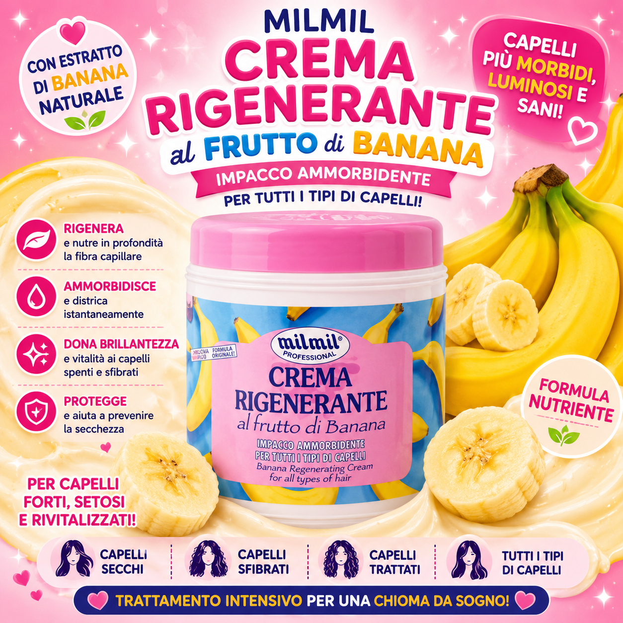 MilMil Crema Rigenerante Capelli Banana 1000ml – Impacco Nutriente Ammorbidente per Tutti i Tipi di Capelli