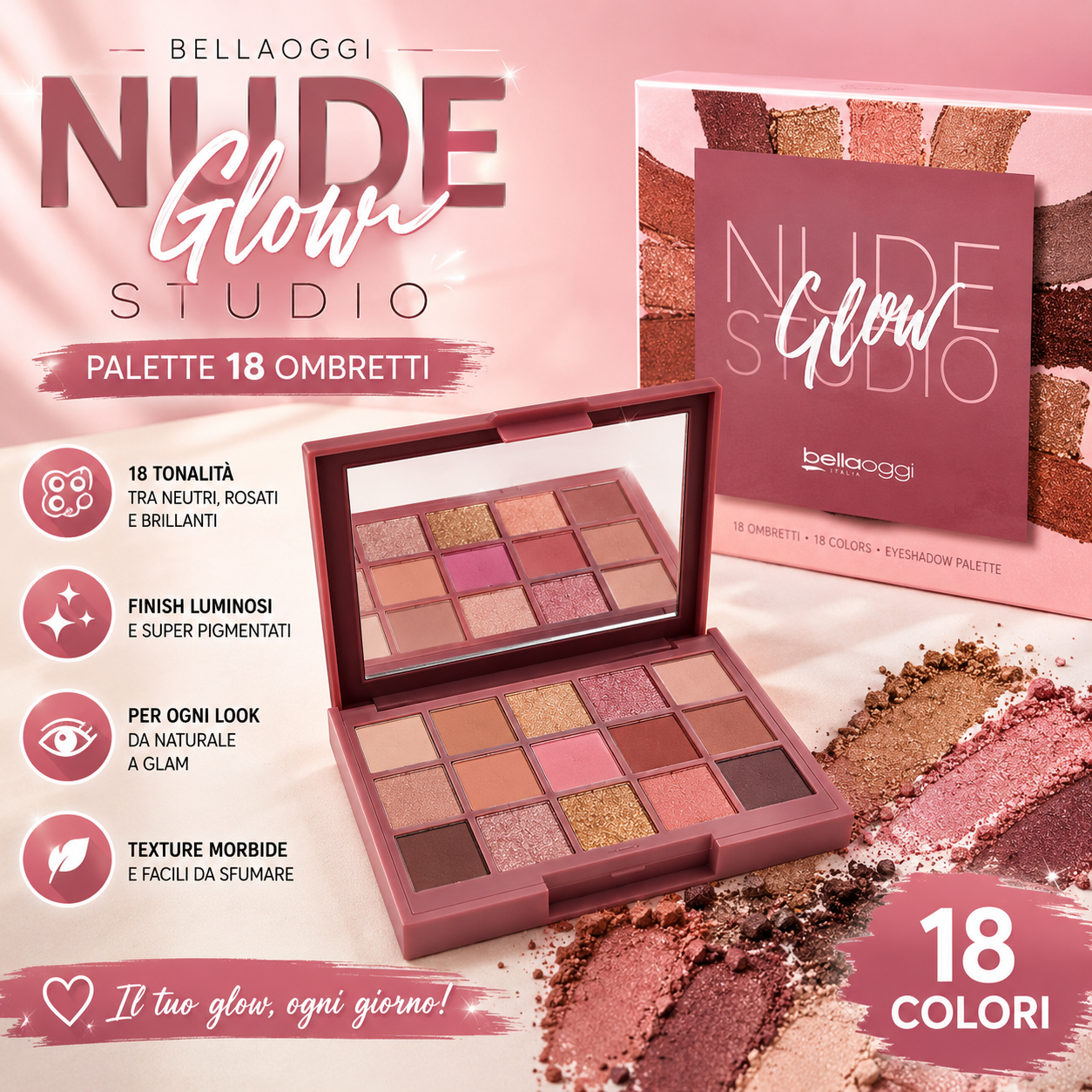 Bellaoggi Nude Studio Glow – Palette Ombretti 18 Colori Nude & Shimmer ✨