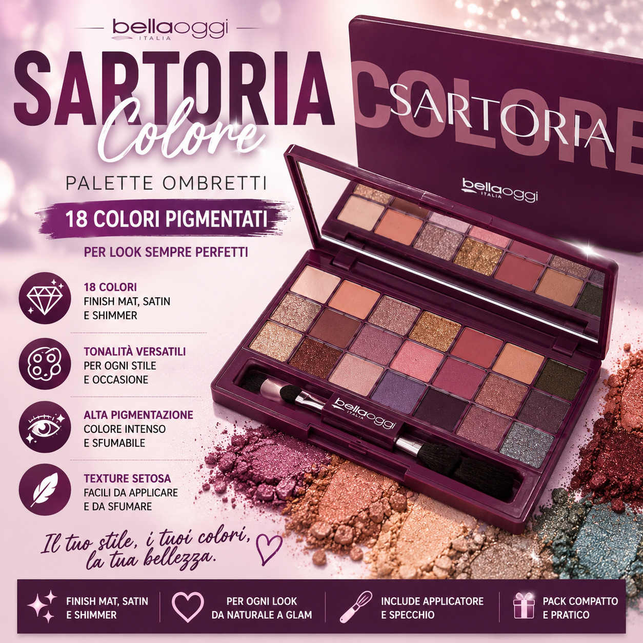 Bellaoggi Sartoria Colore Small – Palette Ombretti Compatta 18 Colori ✨