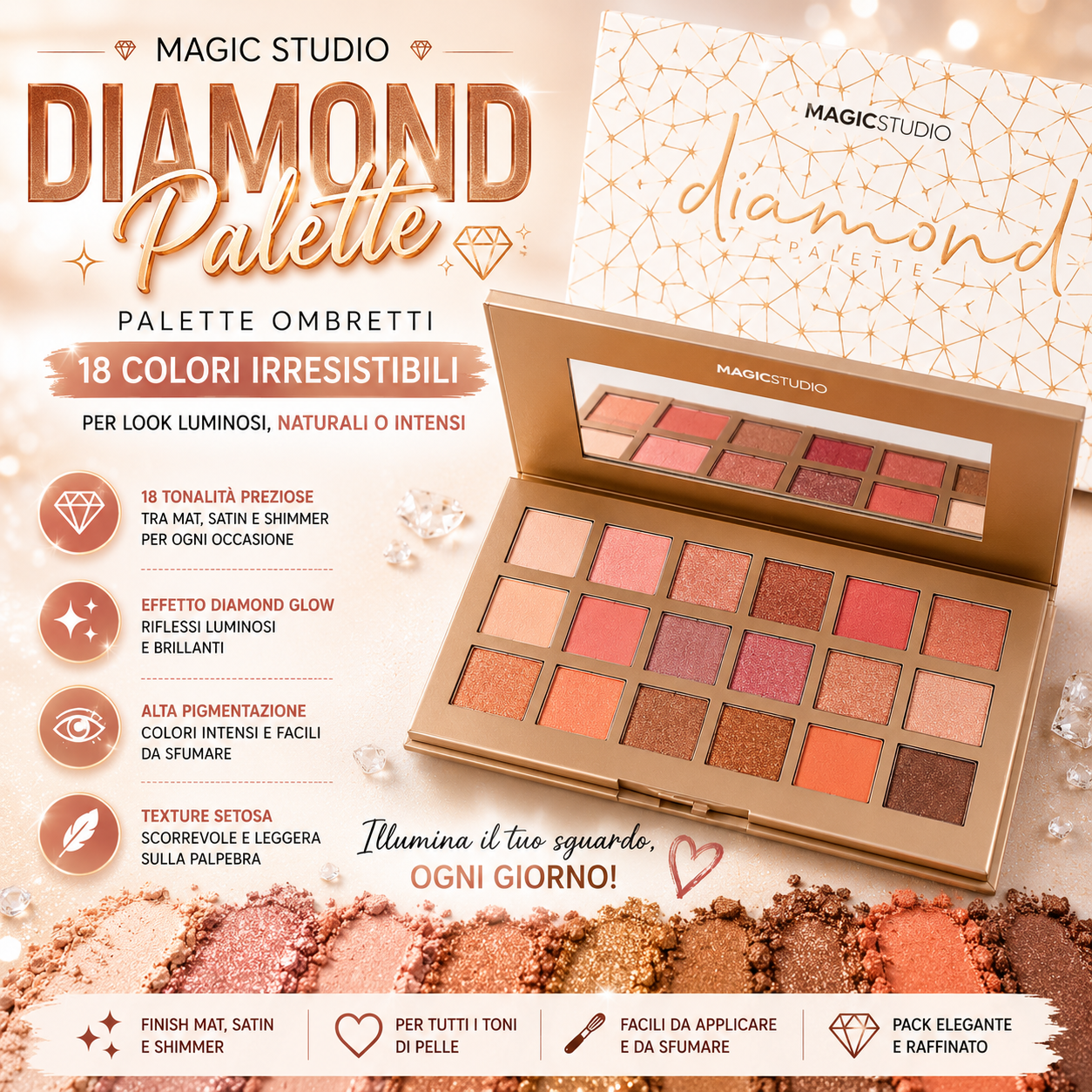 Magic Studio Diamond Palette – Palette Ombretti 18 Colori Effetto Glow 💎